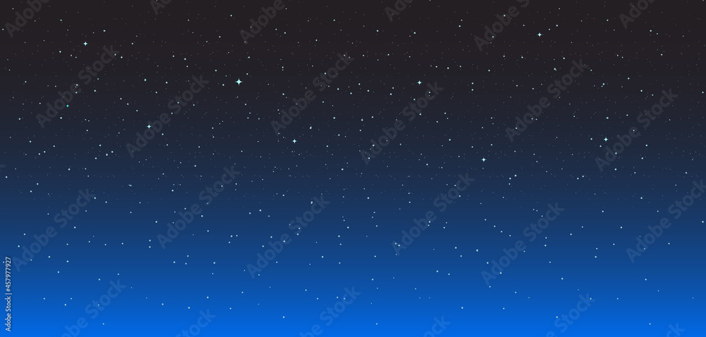 Night star background. Starry sky. Dark-blue space with bright stars. Wallpaper of galaxy or universe. Illustration for astronomy, magic and infinity. Texture with constellation and planet. Vector - obrazy, fototapety, plakaty 
