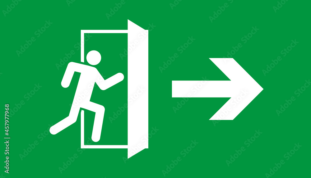 Emergency exit. Sign of fire exit. Icon for safety escape. White door, arrow and human on green background. Symbol of evacuation. Signage for help, run, rescue from building. Route of rescue. Vector Emergency exit. Sign of fire exit. Icon for safety escape. White door, arrow and human on green background. Symbol of evacuation. Signage for help, run, rescue from building. Route of rescue. Vector