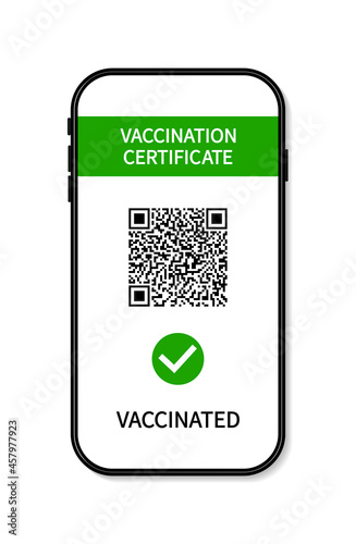 Vaccination certificate. Green pass in covid passport. Passport on smartphone screen. App in phone about immune, test of covid and health. Health passport for travel and control vaccinated. Vector