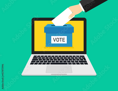 Online vote in laptop. Online poll in computer. Box, hand and ballot for election. Icon for internet vote and registration. Web poll in screen. Choice of voter for political, democracy. Vector