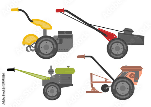 Hand walk-behind tractor flat web icon set. Harvesting machines. Two-wheeled tractor vector signs isolated on white background.