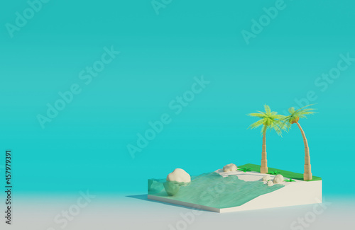 3D rendering. Two palm trees with green leaves on a piece of an island with grass, white sand, large stones and a turquoise sea on a blue background. On the left is a place for an inscription.
