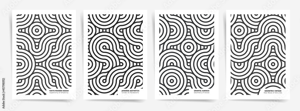 Vintage Geometric Asian Poster Design Template Set. Best for poster, web art, brochure, book cover. Japanese waves natural pattern with geometric elements and abstract wavy lines. Vector backgrounds.