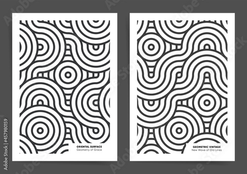 Creative waves lines poster templates. Asian minimal ornaments for banners  brochures  flyers. Geometric business japanese pattern background. Asian abstract design cover backgrounds. Vector japan set