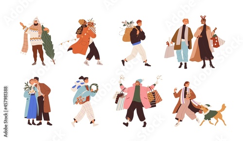 Merry people with Christmas gifts in boxes and shopping bags for winter holidays. Men and women carry New Year presents and Xmas trees in December. Flat graphic vector illustrations isolated on white