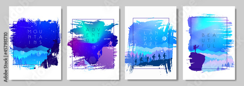 Northern Lights, Aurora in the Arctic, Night boreal. Travel concept of discovering, exploring, observing nature. Hiking tourism. Adventure. Minimalist graphic flyers set. Polygonal flat design. Vector