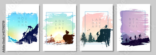 Travel concept of discovering, exploring, observing nature. Hiking. Adventure tourism. Man watches nature, climbing to top, friends going hike, support of friends. Landscapes set. Vector illustration