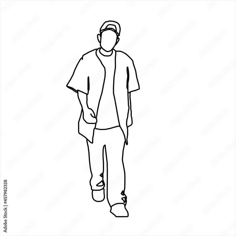 Vector design of sketch of a teenage boy walking while holding a bag