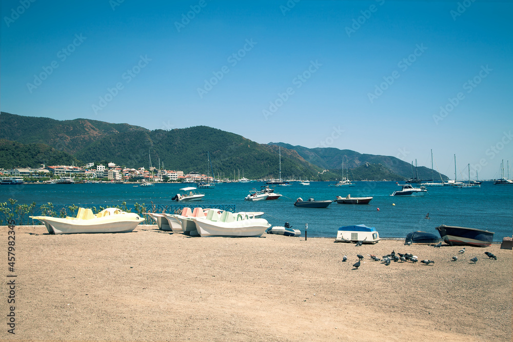 View of the beach and sea bay with yachts