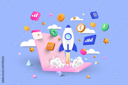 Startup concept, Software and web development with 3d shapes, bar chart, infographic on blue background. 3d Vector Illustration