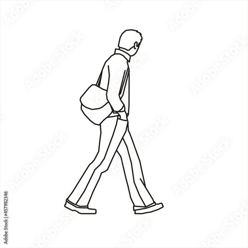 Vector design sketch of a teenage boy walking sideways wearing a sling bag