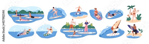 Water sports set. People riding  floating and surfing on boards on waves in summer. Surfers and others during windsurfing  kiteboarding. Flat graphic vector illustrations isolated on white background