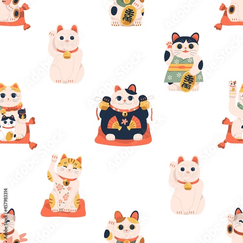 Seamless Japanese pattern with maneki-neko cats. Endless Chinese background with lucky kitty dolls. Repeating texture with Asian retro toys for good luck and money. Colored flat vector illustration