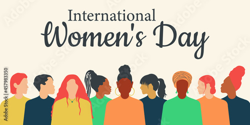 Greeting card with International Women's Day. Crowd of modern women of different nationalities and religions in flat design style. Vector.