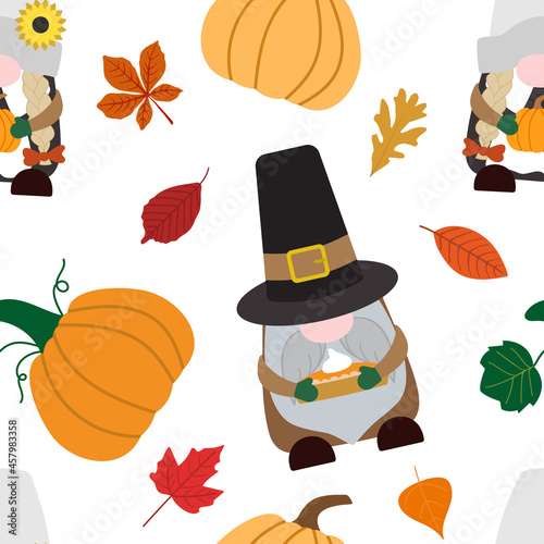 Thanksgiving day, harvest vector seamless pattern in cartoon style with pilgrim gnomes, pumpkins, pumpkin pie, fall leaves. Isolated on white background.