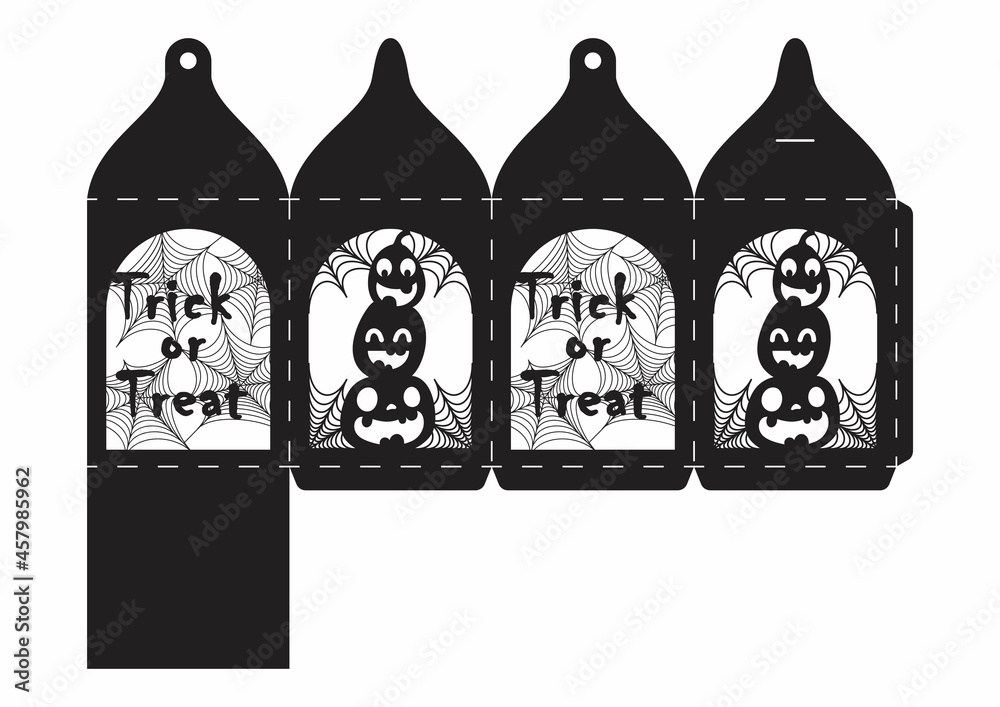 Happy Halloween treat box. Gift party favor box for sweets, candies, small presents, bakery. Simple packaging die cut template for laser cut with bats silhouette. Vector stock illustration Happy Halloween treat box. Gift party favor box for sweets, candies, small presents, bakery. Simple packaging die cut template for laser cut with bats silhouette. Vector stock illustration