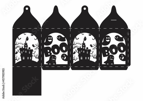 Happy Halloween treat box. Gift party favor box for sweets, candies, small presents, bakery. Simple packaging die cut template for laser cut with bats silhouette. Vector stock illustration