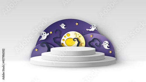 Circle stage podium for Halloween with baby ghost spirit, moon, stars and blank space. Halloween mockup template. paper cut and craft style. vector, illustration.