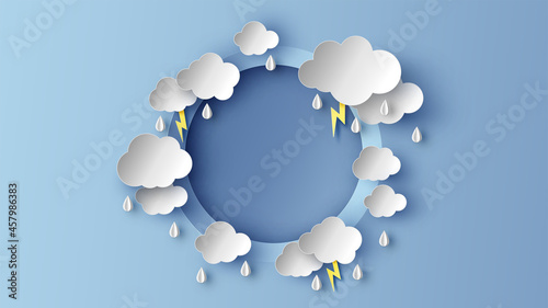 Illustration of rainy season sky in circle shape frame decorated with clouds, raindrop, lightning. Rainy season circle frame with blank space. paper cut and craft style. vector, illustration.