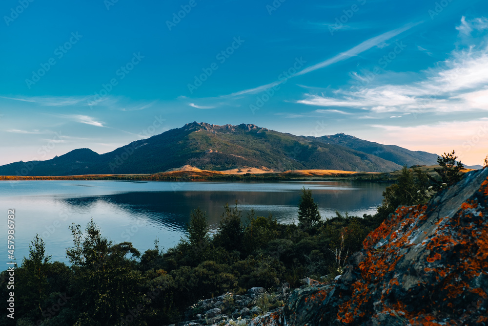 lake, water, landscape, mountain, sky, nature, mountains, clouds, travel, summer, view, sea, reflection, forest, park, blue, new zealand, panorama, tourism, scenic, hill, green, scenery, outdoors, coa
