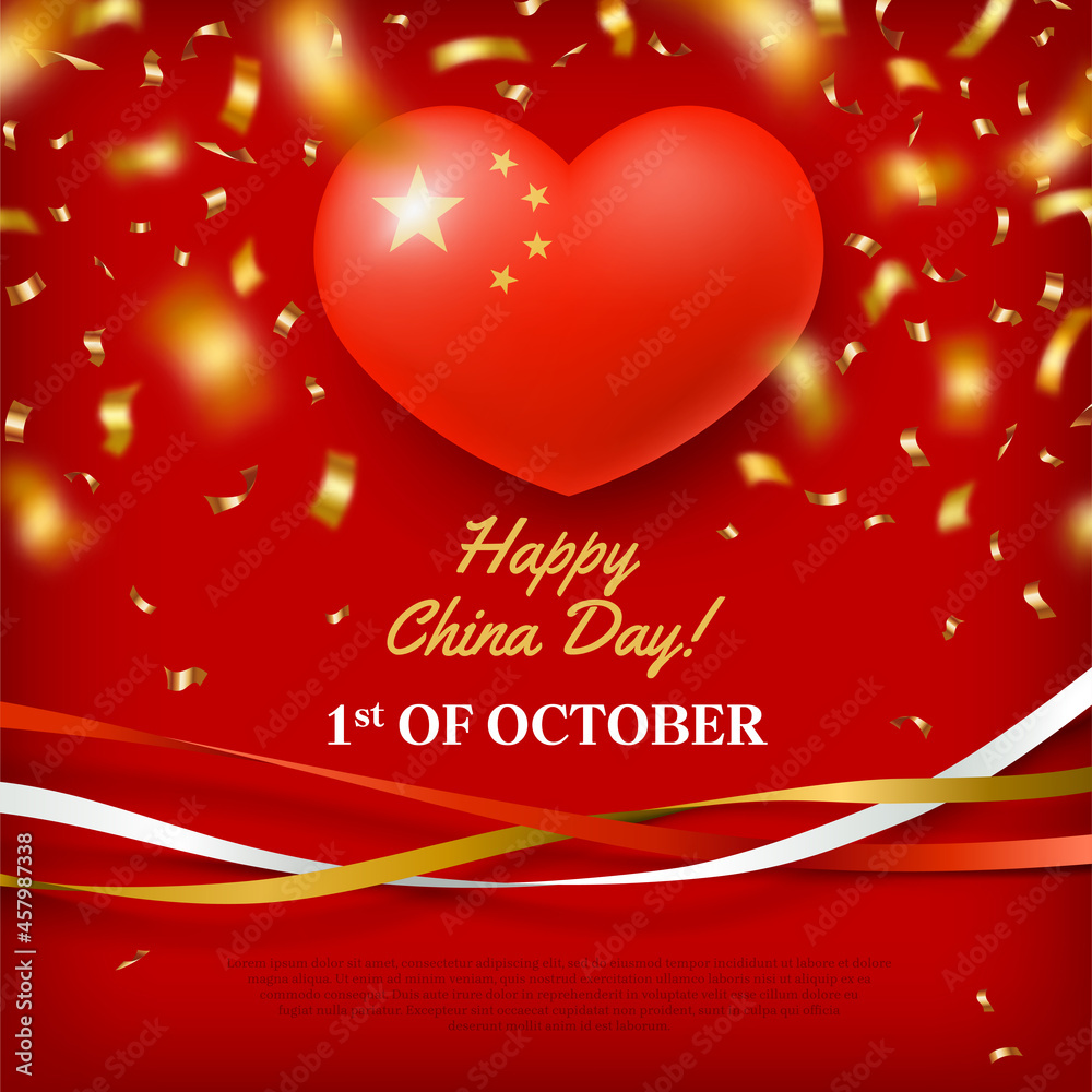 1st of October Happy China National Day red banner. Chinese memorial holiday, patriotic symbolic background realistic vector illustration 1st of October Happy China National Day red banner. Chinese memorial holiday, patriotic symbolic background realistic vector illustration