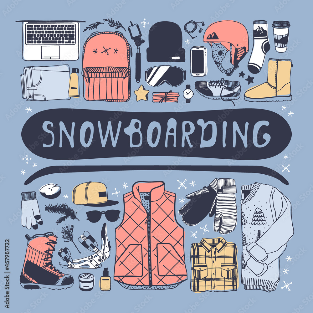 Obraz premium Hand drawn Fashion Illustration Snowboarding Things. Creative ink art work. Actual cozy vector drawing with Rider's Items. Winter Sport set: wear, shoes, accessories, food, drinks, things