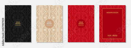 Set of cover design, vertical vector templates.Geometric creative volumetric convex ethnic 3D pattern, multicolored embossed backgrounds, frame for text. Oriental, Indonesian, Mexican, Aztec motives.