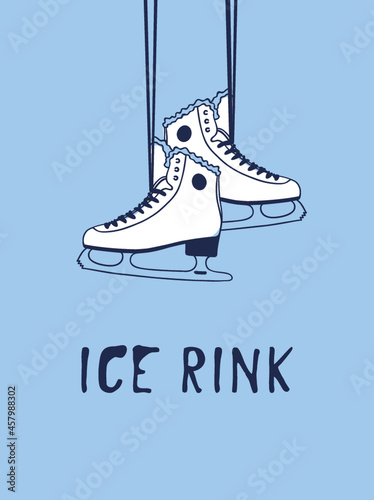 Christmas card with racing skates. Hand drawn fashion illustration. Creative ink art work. Actual Winter cozy vector drawing Ice Skating and text: Keep Calm and Skate on