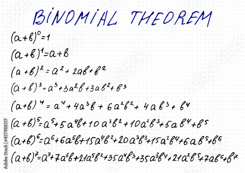 Binomial expansion for powers 0 to 7. Vector illustration of handwritten equations on a checkered sheet of paper