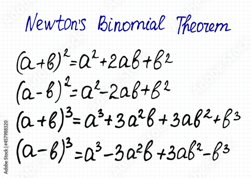 Newton's binomial theorem for the square and cube of the sum and difference of two terms.  Vector illustration of handwritten equations on a checkered sheet of paper