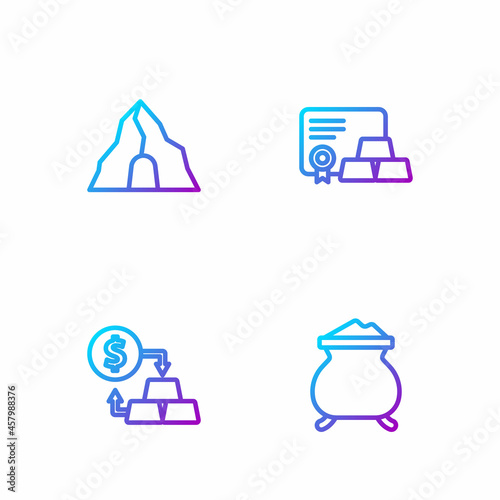 Set line Molten gold being poured, Gold exchange money, mine and bars with certificate. Gradient color icons. Vector