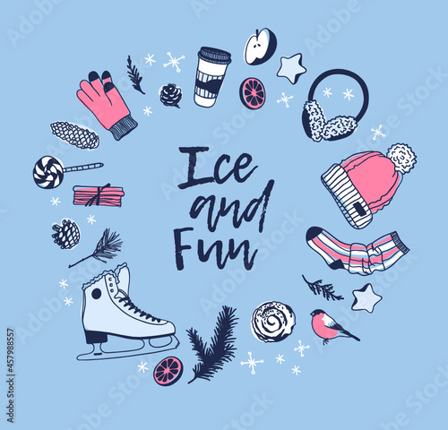 Christmas card with racing skates, fur headphones, hat, glove. Hand drawn fashion illustration. Creative ink art work. Actual Winter cozy vector drawing Ice Skating
