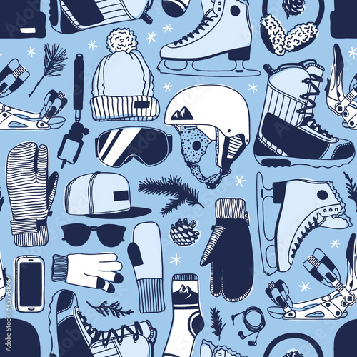 Hand drawn seamless pattern with Ice Skating Things. Winter Sport vector background. Actual fashion illustration. Original doodle style drawing. Creative ink art work