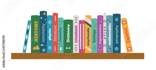 Bookshelf with textbooks. Literature for study. Mathematics, biology, chemistry, history, literature, physics, astronomy,dictionary. Banner for library, bookstore, fair, festival.