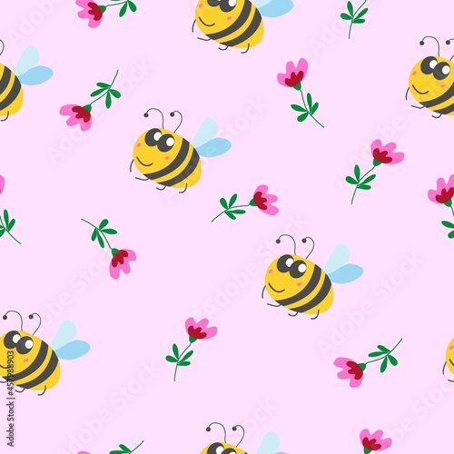 Seamless pattern children. Yellow bumblebee  pink and red flower with green leaves. Pink background. Cartoon style. Cute and funny. Summer or spring. Textile  wrapping paper  scrapbokking  wallpaper