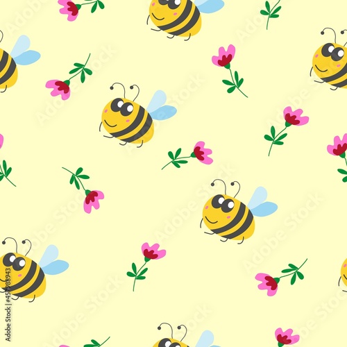 Seamless pattern children. Yellow bumblebee  pink and red flower with green leaves. Yellow background. Cartoon style. Cute and funny. Summer or spring. Textile  wrapping paper  scrapbokking  wallpaper