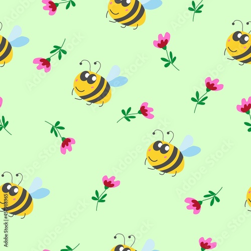 Seamless pattern children. Yellow bumblebee, pink and red flower with green leaves. Green background. Cartoon style. Cute and funny. Summer or spring. Textile, wrapping paper, scrapbokking, wallpaper © Куприянова Ксения