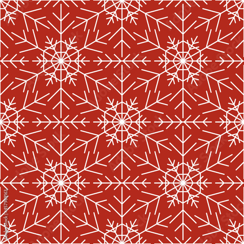 Seamless pattern with white snowflakes on red background. Festive winter traditional decoration for New Year  Christmas  holidays and design. Ornament of simple line repeat snow flake