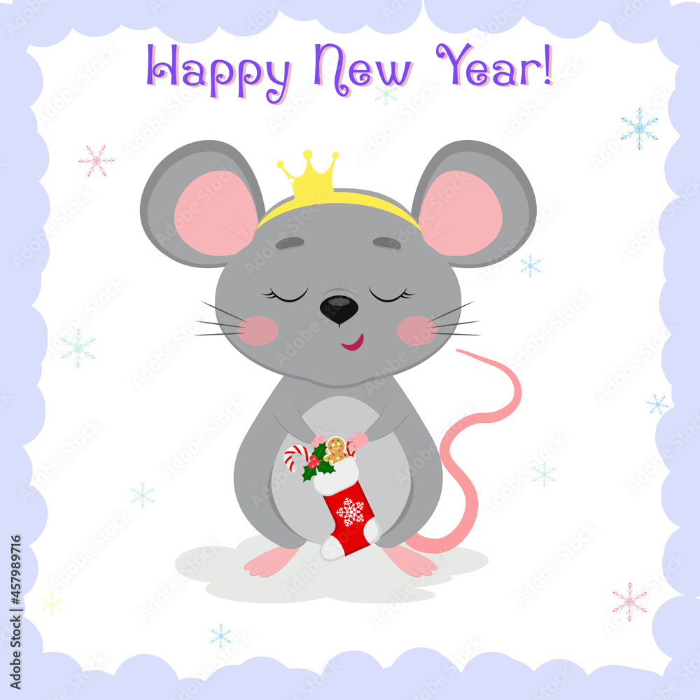 Merry Christmas and Happy New Year. Cute gray mouse princess in a crown holds Santa s sock with sweets on a white background, snowflakes. Cartoon, vector