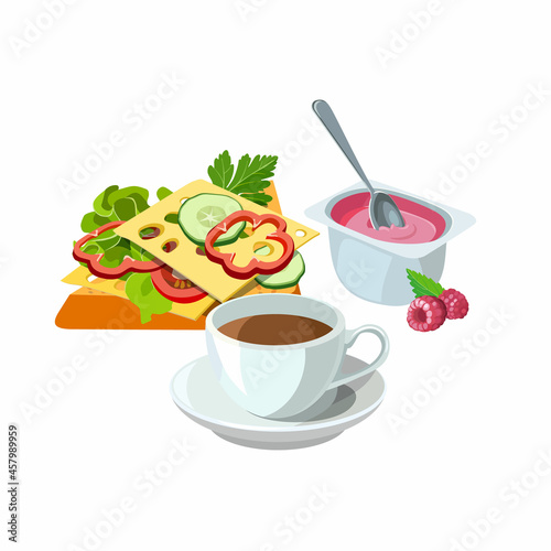 Sample breakfast of sandwich with tasty toast, vegetables, salad and cheese, fruit yogurt and cup of coffee. Brunch healthy start day options food. Vector illustration.