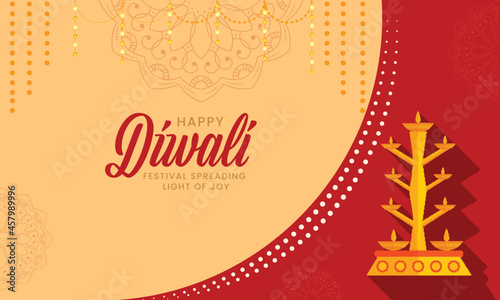 Happy Diwali Celebration Banner Design With Lit Oil Lamps (Diya) Stand On Pastel Orange And Red Background.