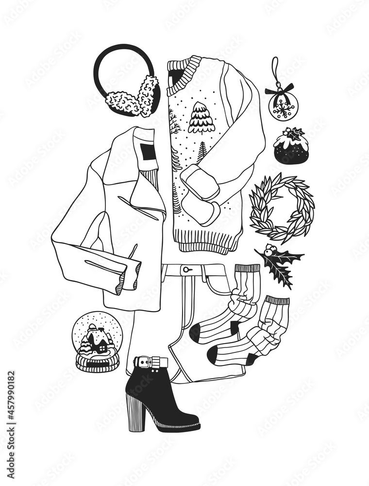 Obraz premium Hand drawn Christmas illustration. Creative ink art work. Actual cozy vector drawing. Winter set of Holidays things, accessories, decoration, food, drinks, wear