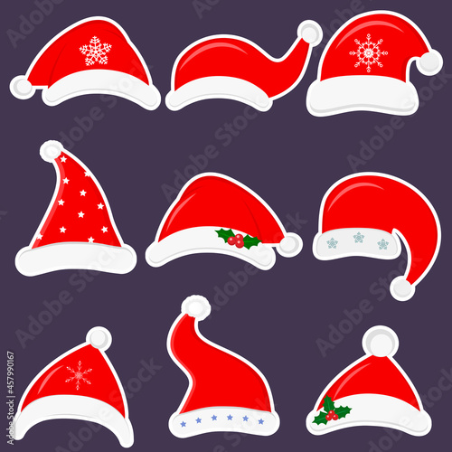 Happy New Year and Merry Christmas. A set of nine stickers of cute different Santa Claus hats in white outline on a dark background. Flat style, vector