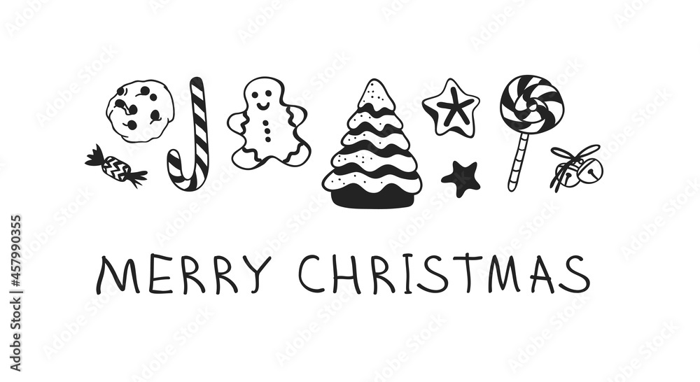 Hand drawn Christmas set of sweets on white background. Creative Holidays ink art work. Actual vector doodle drawing and text MERRY CHRISTMAS