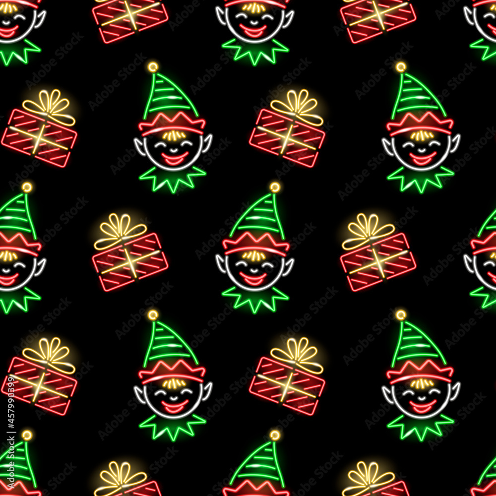 Christmas seamless pattern with neon icons of elves faces and  gift boxes on black background. Winter holidays, Boxing Day, X-mas, New Year concept for wallpaper, wrapping. Vector 10 EPS illustration.