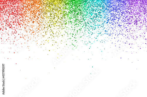 Rainbow falling glitter particles on white background. Vector