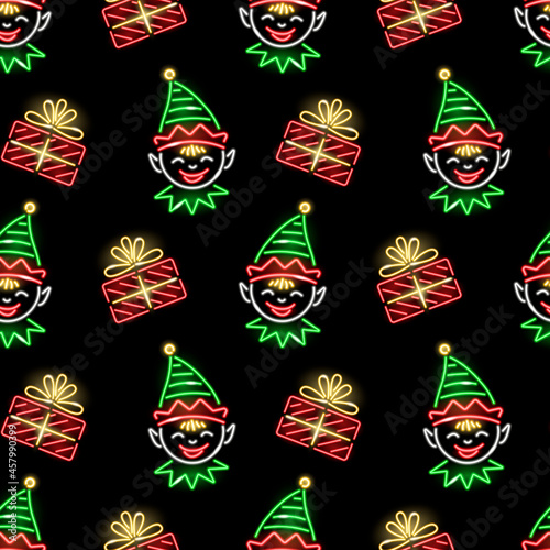 Christmas seamless pattern with neon icons of elves faces and  gift boxes on black background. Winter holidays, Boxing Day, X-mas, New Year concept for wallpaper, wrapping. Vector 10 EPS illustration. © Марина Тельманова