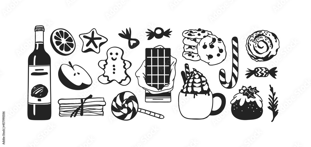 Hand drawn Christmas frame of food: candy cane, pudding, gingerbread cookies, tea or coffee, latte, chocolate, wine on white background. Creative Holidays ink art work. Actual vector doodle drawing