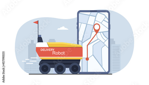 Delivery robot makes fast delivery with smartphone app application. Vector illustration..