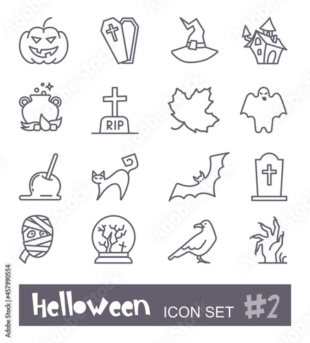 Linear icons with traditional Halloween symbols. Vector icons